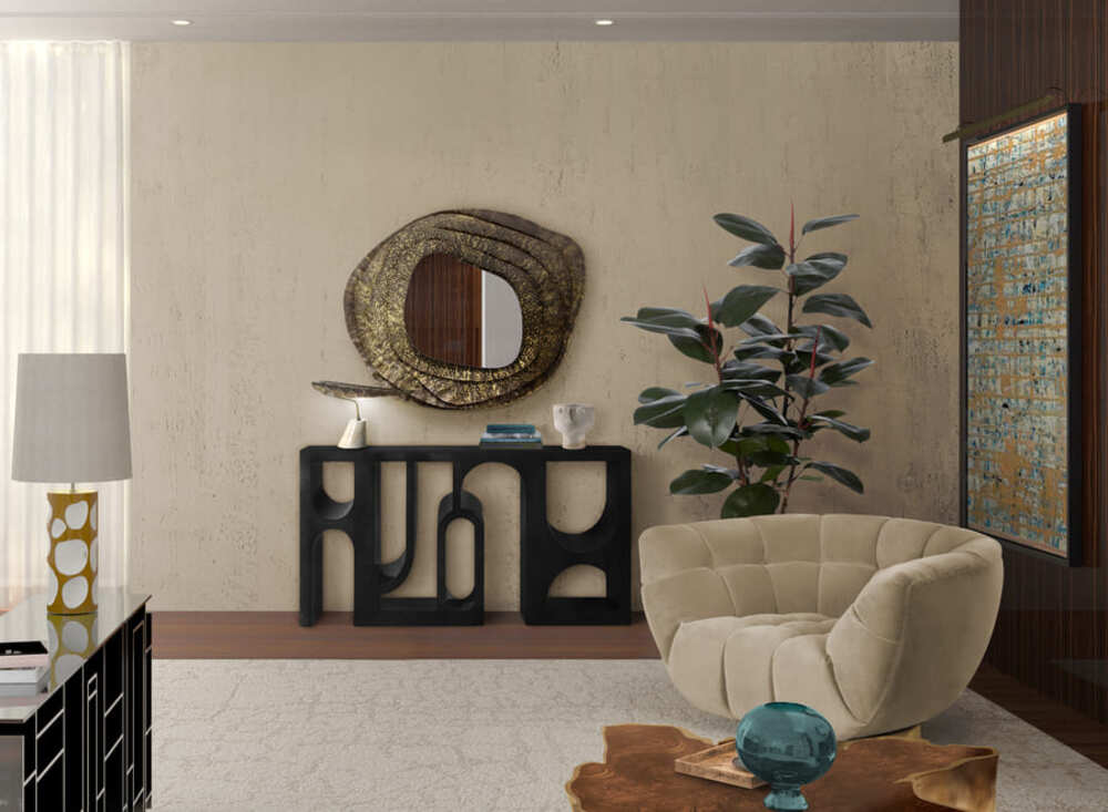 Combining the Essex Armchair, the Colosseum II Console and the Kumi II Mirror this living room corner looks really amazing.