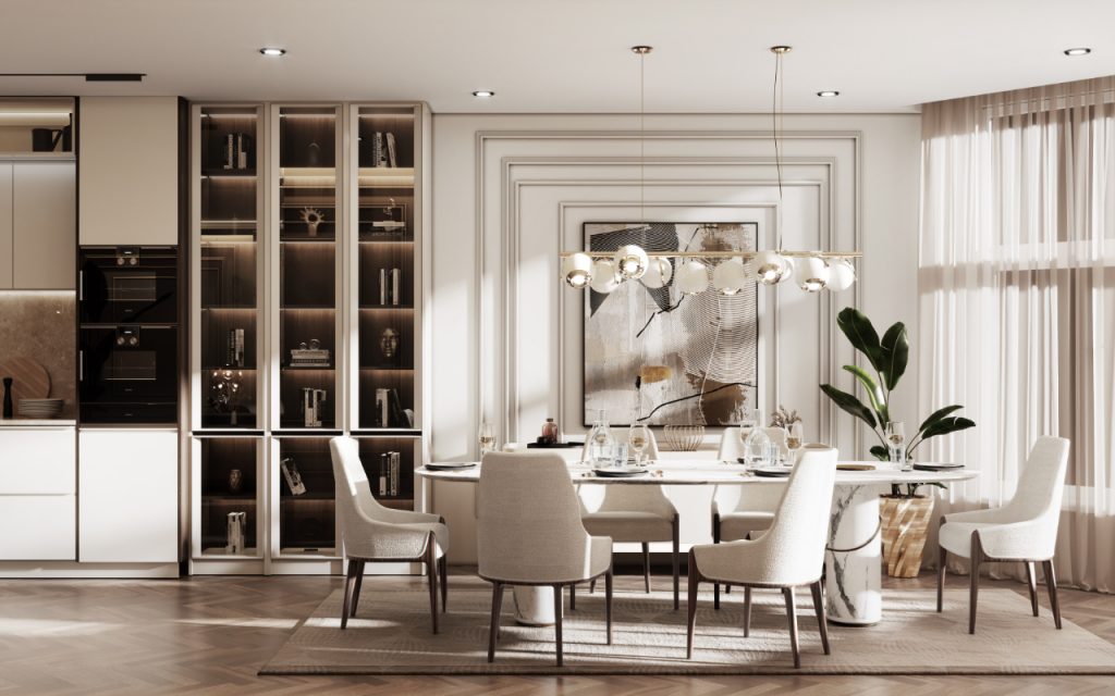 Cannes - brught dining room with a dining table and grey chairs