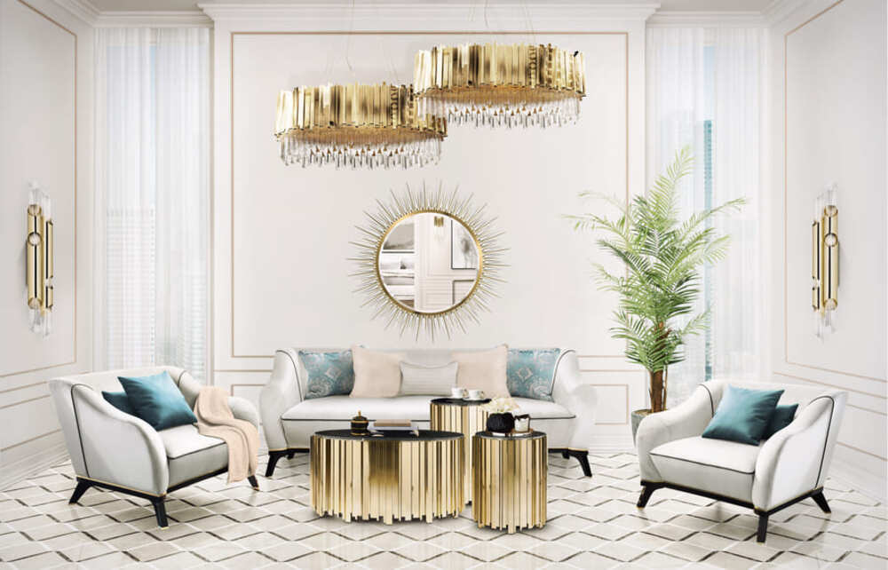 In shades of white, blue, and blue, this living room idea looks exquisite and luxurious! The Empire Center Table by Luxxu has an extravagant shape of refinement and style. It is carefully made in brass and nero marquina marble. This is a combination of classic and modern design, perfect for every interior setting.