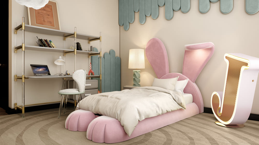 This luxury kids' bedroom with a luxurious and modern design combines perfectly the Mr. Bunny Bed with the Puzzled Bookcase, the Little Bunny Chair, the Amik Table Lamp, and the Letter J Graphic Lamp. Such a wonderful kids' room with magical kids' furniture pieces!