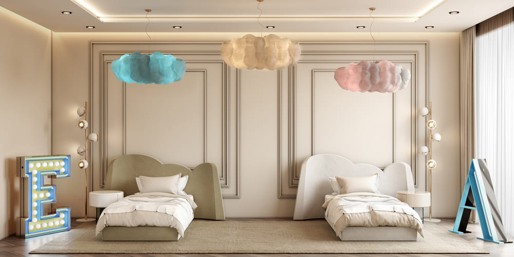 This neutral kids' room is perfect for two siblings! The Cloud Beds and the Cloud Nightstands are modern kids' furniture pieces that combine perfectly with the Cloud Lamps.