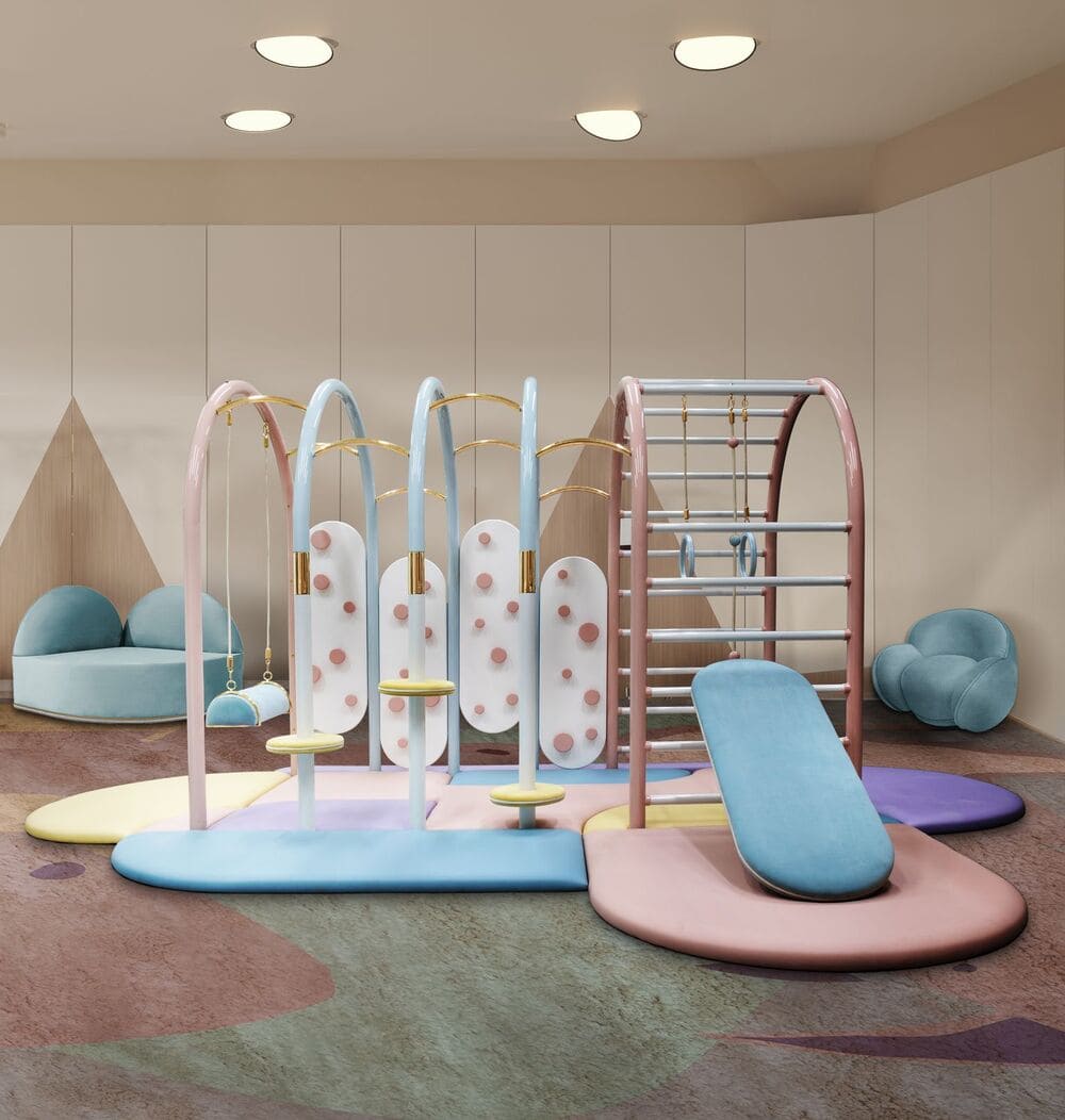 Another magical kids' playroom with our Bubble Gum Gym! You can be customized your kids' gym to have your kids' favorite color - talk with one of our interior designers!